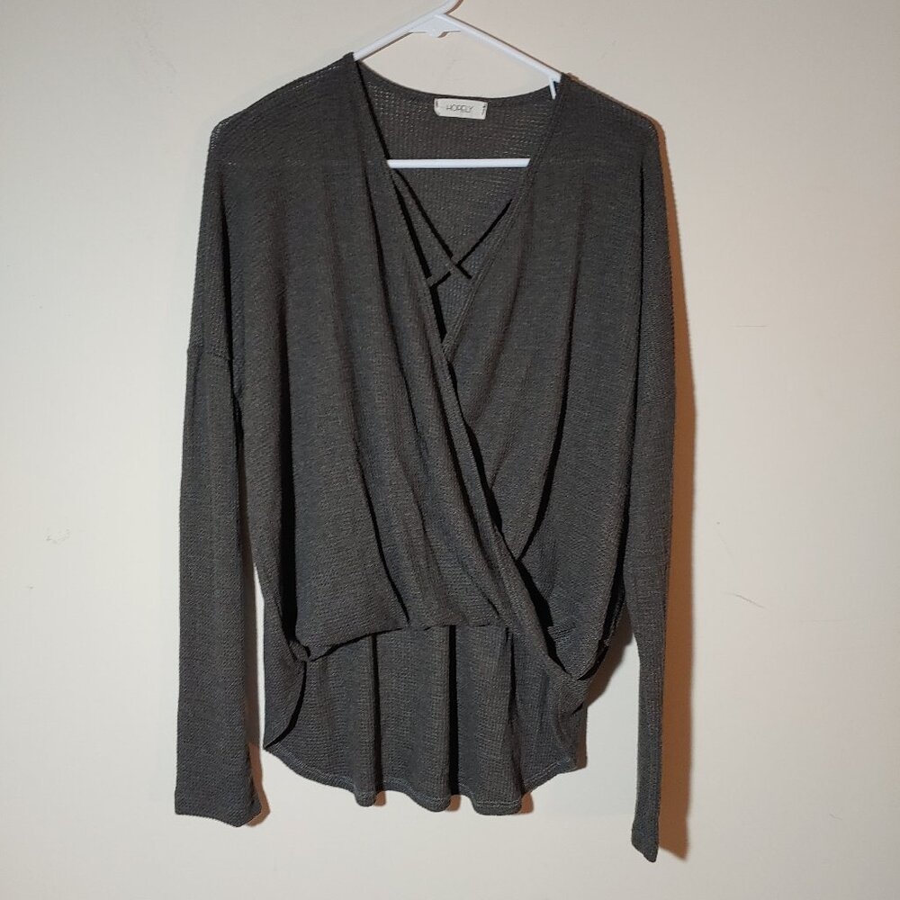 Hopely Cris Cross V-Neck Draped Asymmetric Long Sleeves  Waffle Knit Top Grey  L